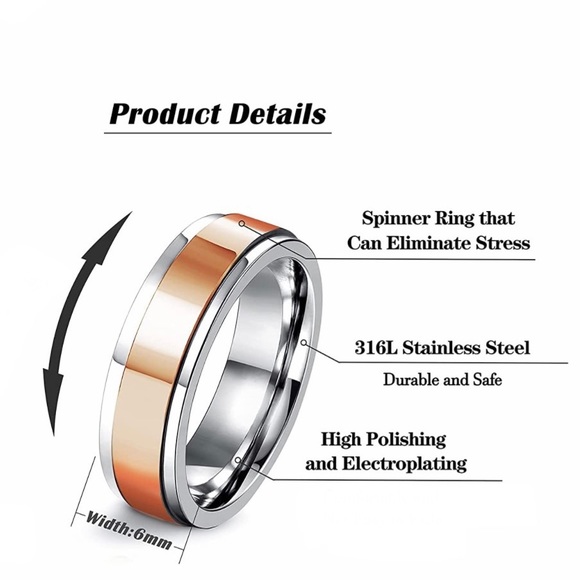 Two Tone Fidget Spinner Ring, Rose Gold and Silver Stainless Steel, Size 6 - Picture 3 of 7